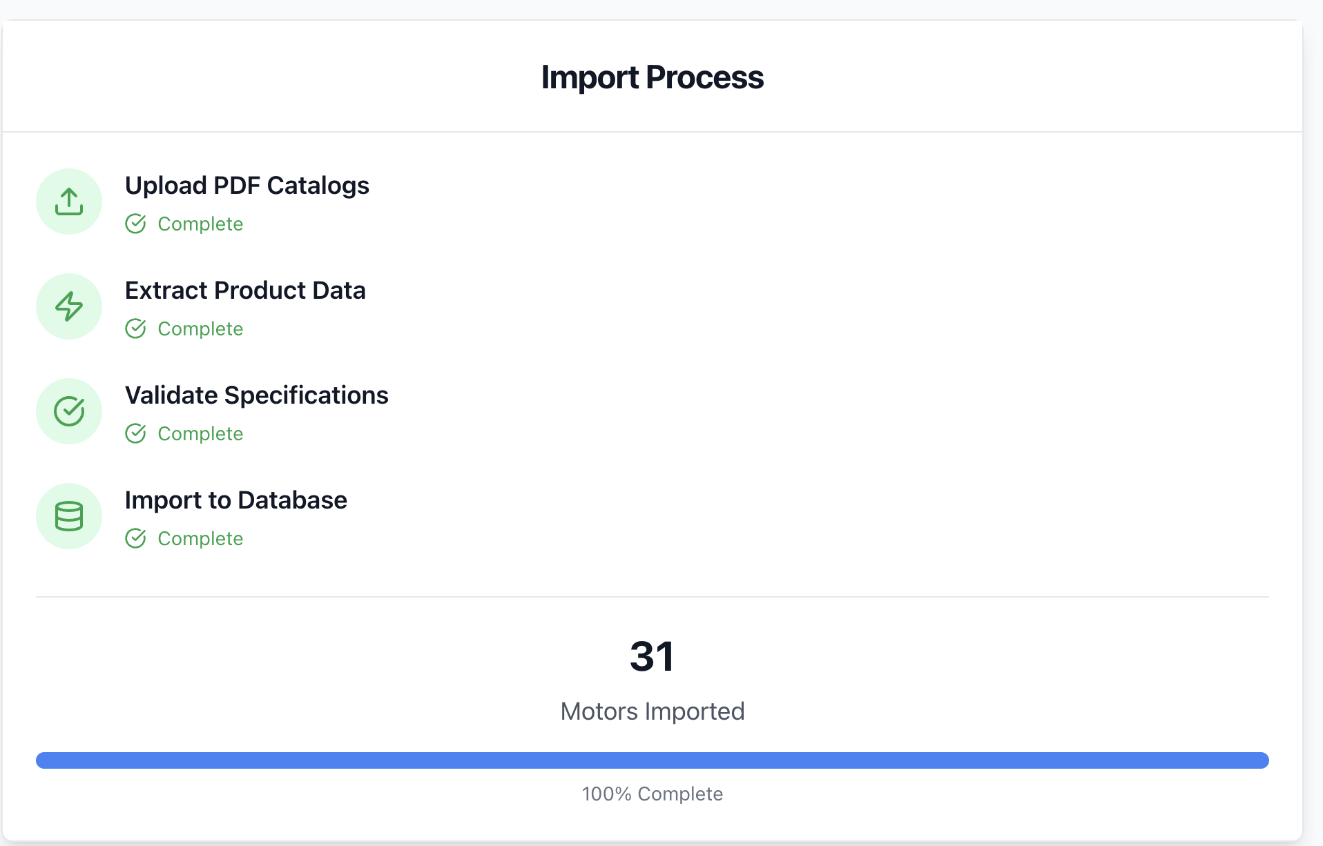 Import process dashboard showing catalog upload, data extraction, validation, and database import steps